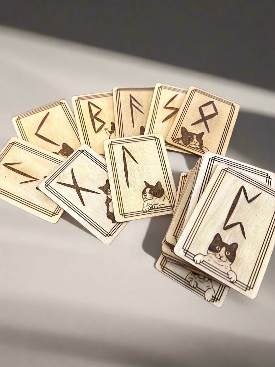 Rune Wood Cards Deck “Cat’s” with Interpretation Guide - Made by Order