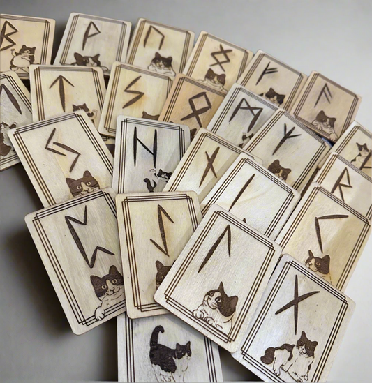Rune Wood Cards Deck “Cat’s” with Interpretation Guide - Made by Order