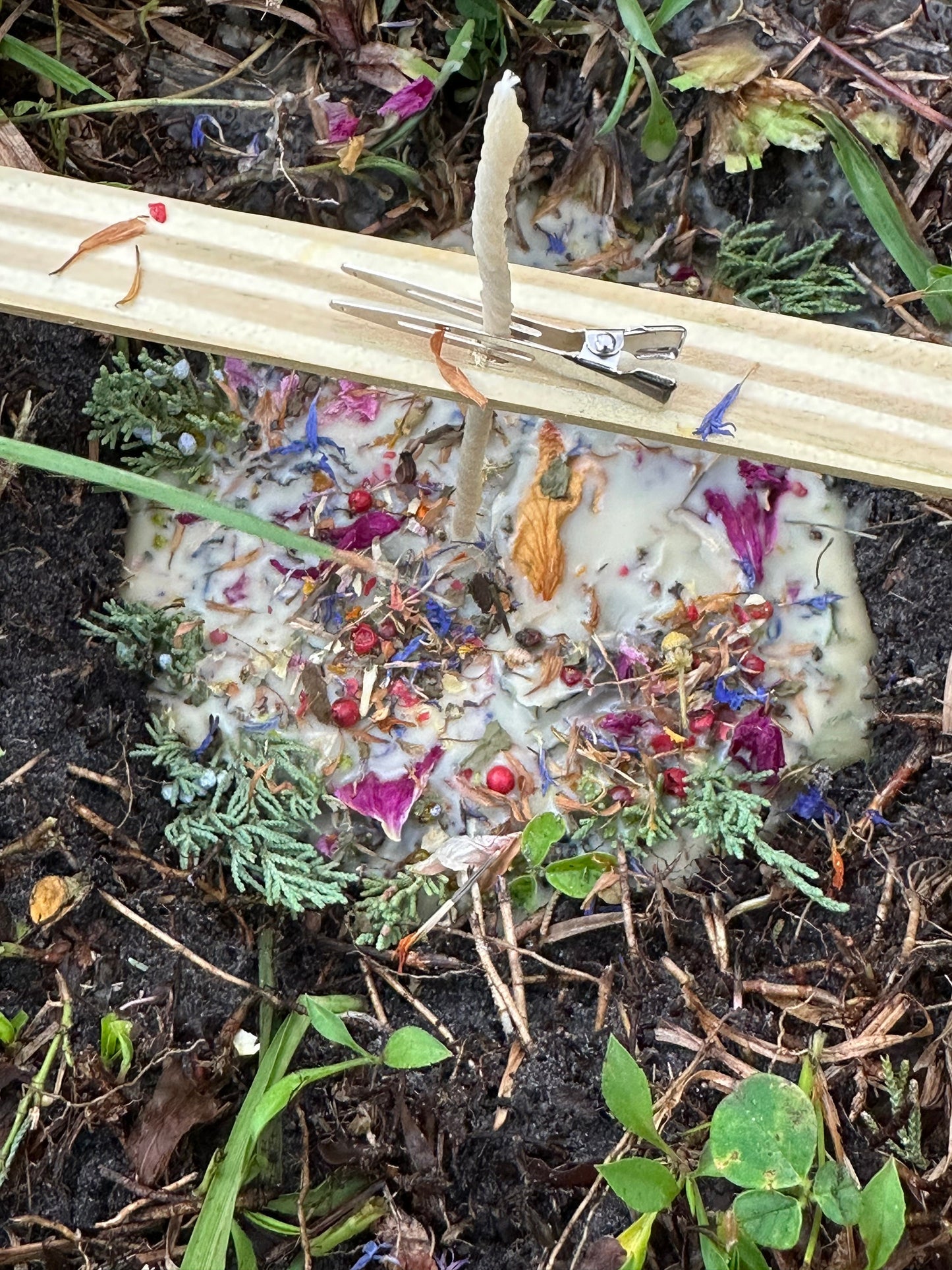 Solstice " Greenmother’s Flame" Beeswax Candle for Litha's Prosperity & Strawberry Moon Energy with Sigil, Herbs & Crystals for Protection, Health, and Abundance
